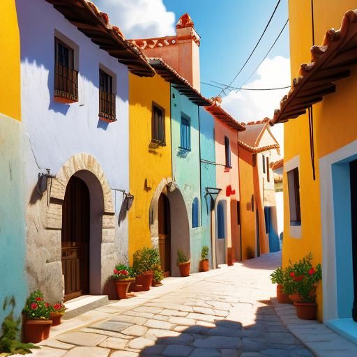 cozy spanish white cottages  in a street