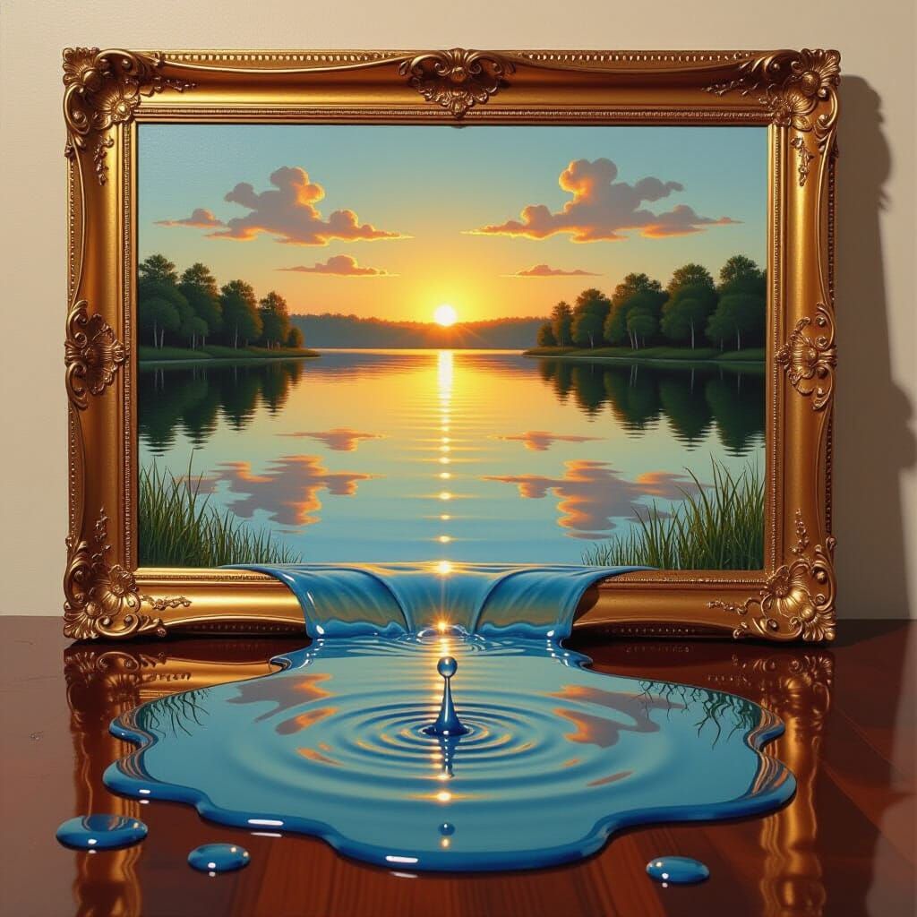 Surreal Lake Painting Water Spills Onto Table