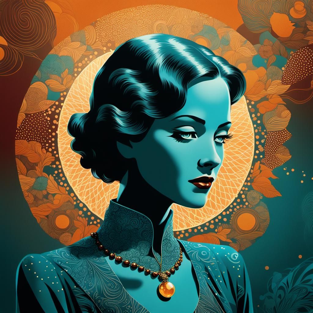 Art Deco Silhouette of Woman in Teal Environment