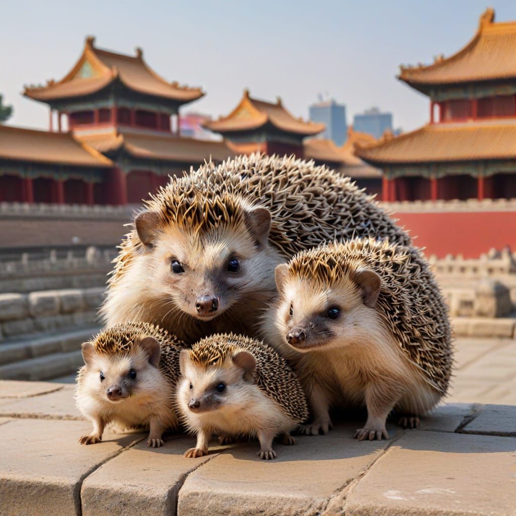 Hedgehog family at the Forbidden City in Peking, buildings in background   by @Neelix