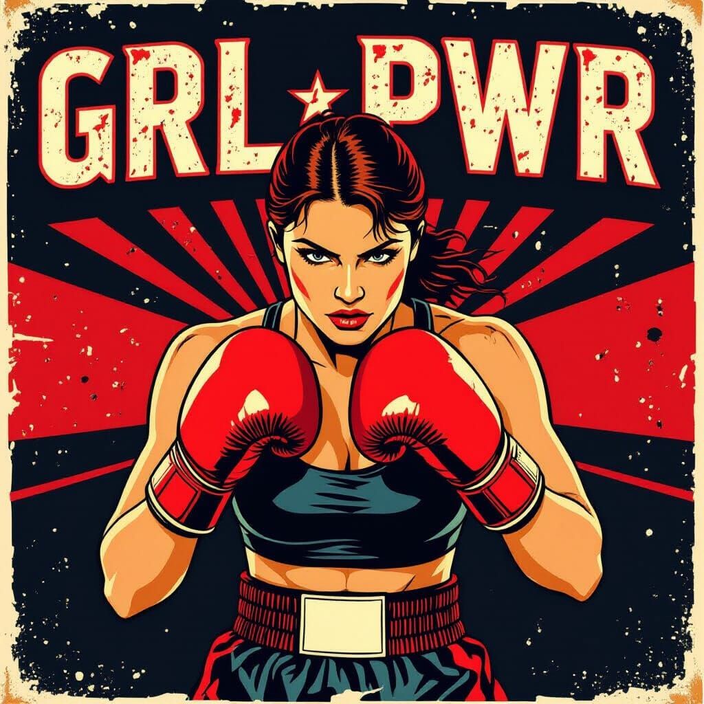 A vintage-style sports poster featuring a female boxer  by @grl_pwr