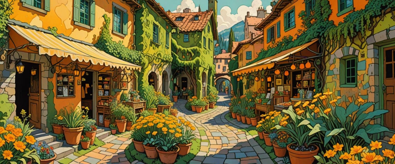 quaint naive antiquarian bookshop, meandering paths through the stacks of books, comic book style, watercolor, gouache, erin hanson, moebius...