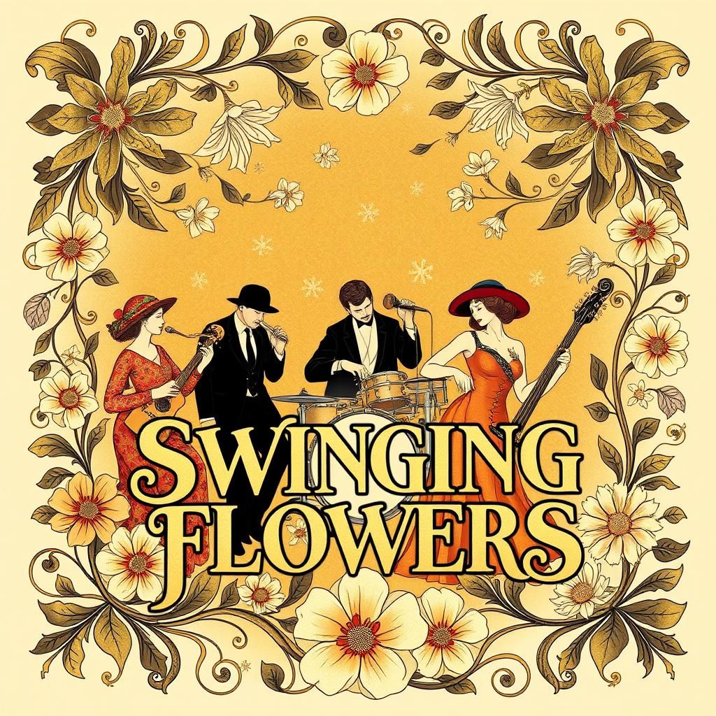 A whimsical design for a made-up jazz band "Swinging flowers" album, incorporating playful illustrations ...  by @Lyguo