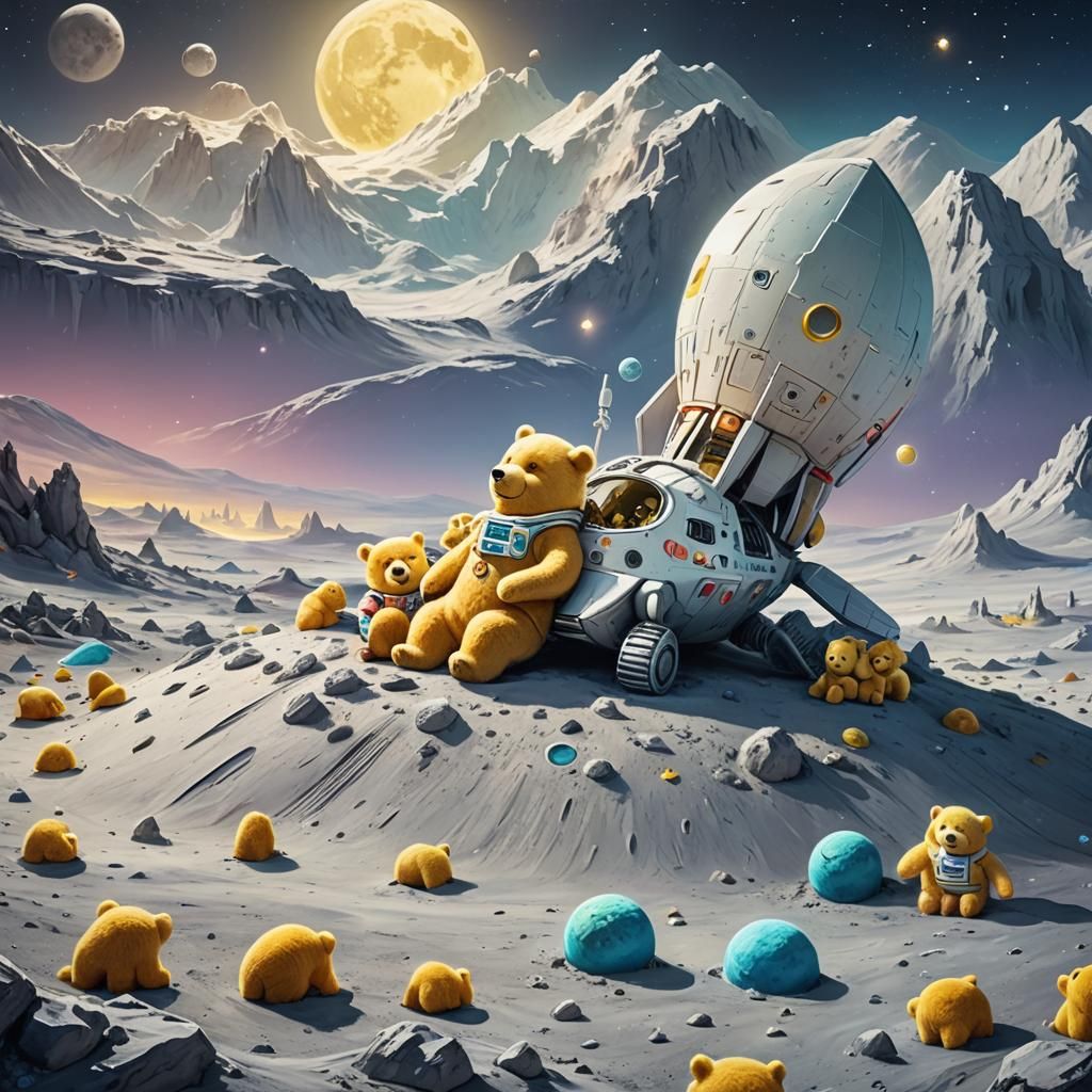 Moon Spaceship with Yellow Bears in Pixar Style
