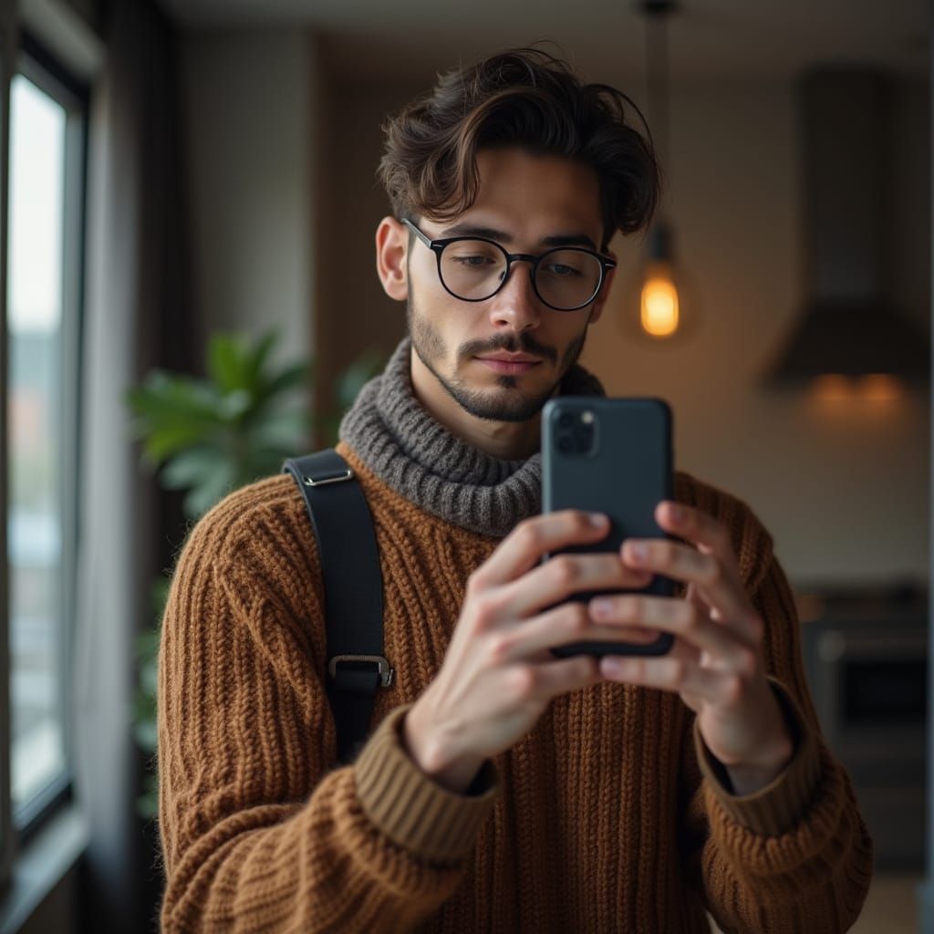 Ultra-realistic mirror selfie of a stylish man in his 20s wearing a brown sweater and glasses.