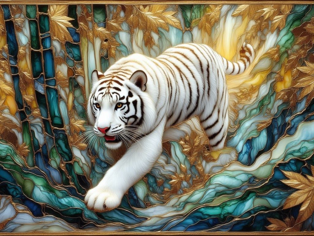 <lora:FiosGildedInk:1.0> White Tiger prowling throguh Bamboo