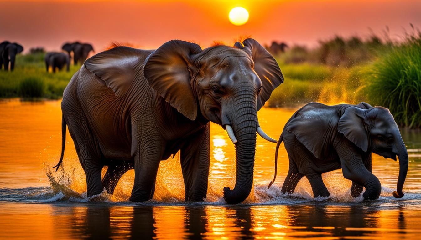  Sunset Baby Elephant playing in the water 4K golden hour colorful beautiful  by @Lennis