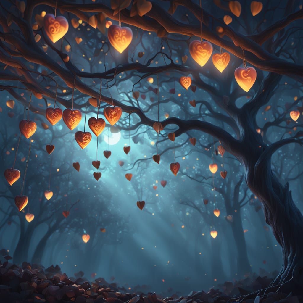 Chocolate Conversation Hearts on strings hanging on a tree