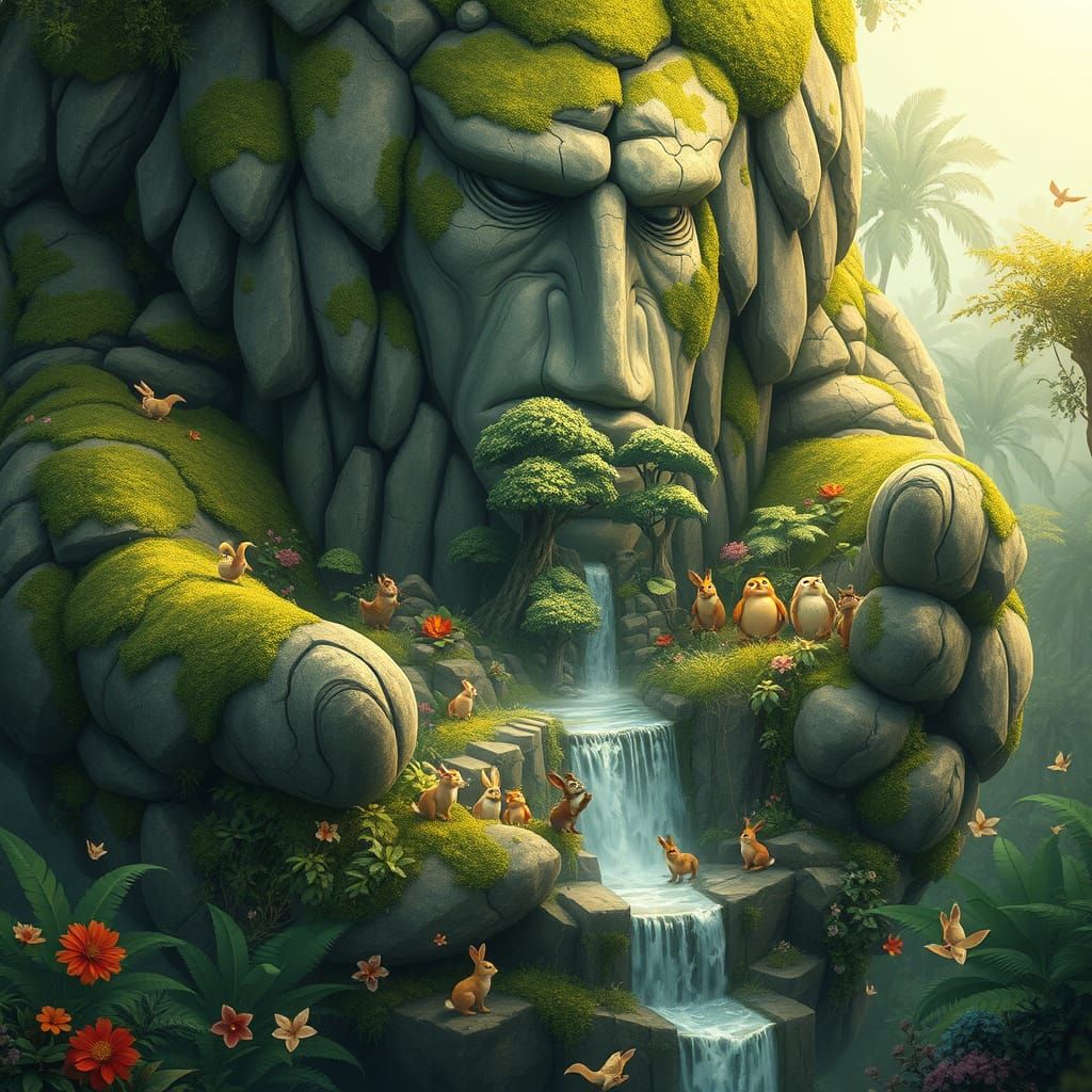 Gentle Giant in Mossy Embrace a colossal, moss-covered giant stone elemental gently holding in both hands ...  by @LilacVenom