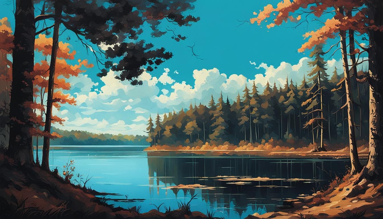 Forest Reservoir Under Blue Skies: Matte Painting
