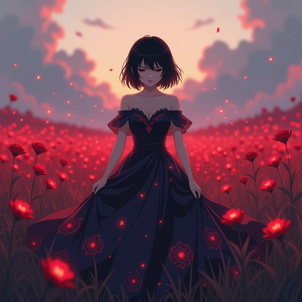 Anime Girl in Red Field with Flowing Gown