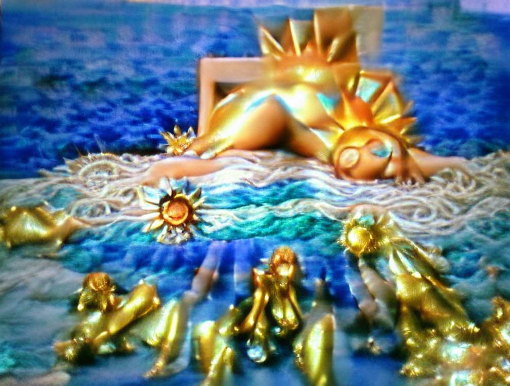golden sun goddess laying down, bejeweled, sunset ocean, blue choir song infinite