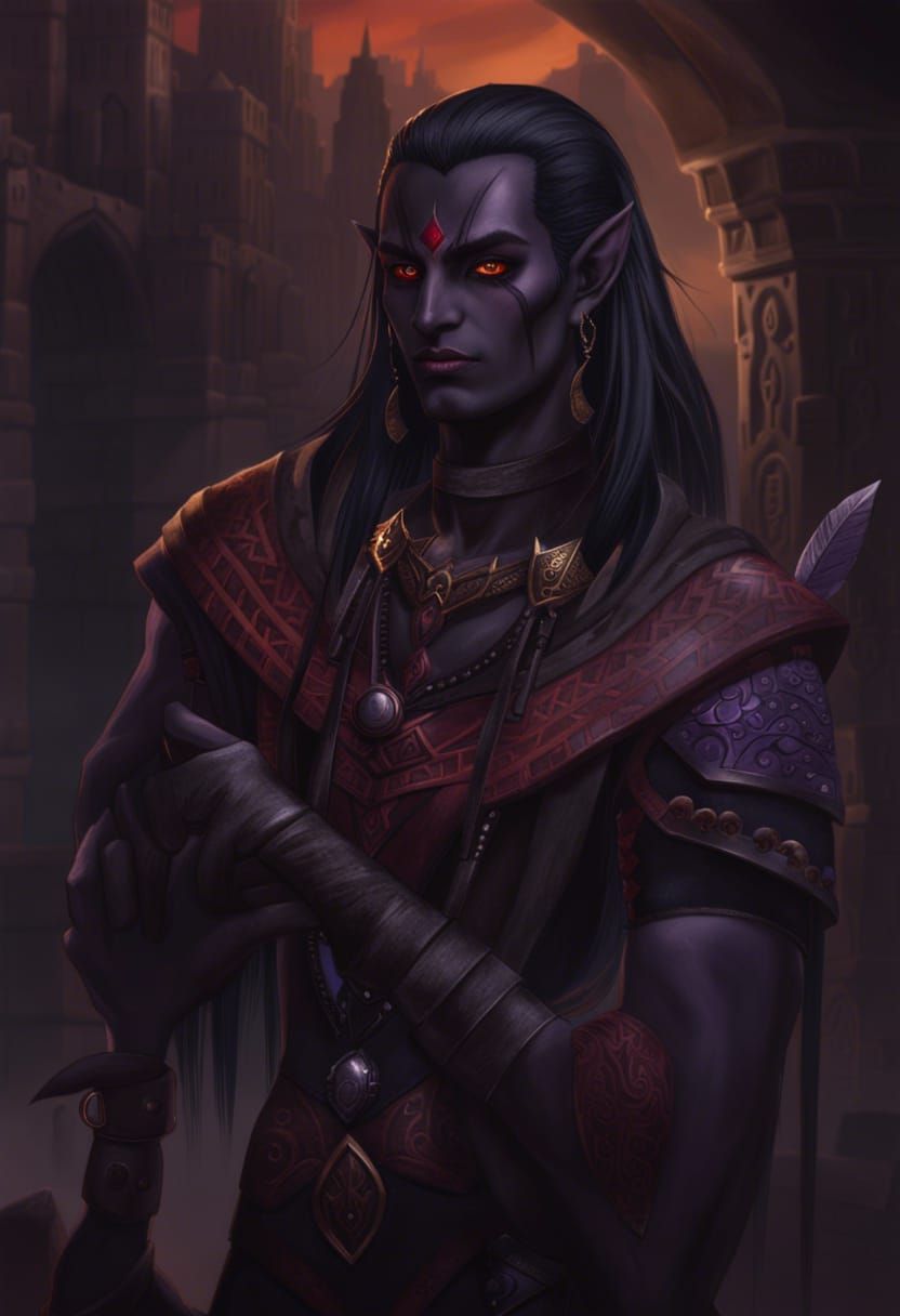 A Handsome Drow Dark Elf, Long Straight Dark Hair, Three Red Eyes 