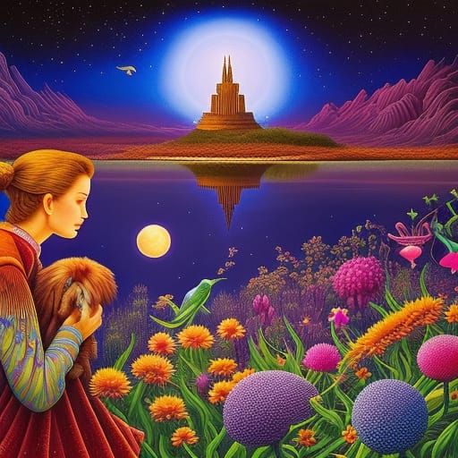 girl with dogs watching stars, birds, flowers, fairytale, ma...