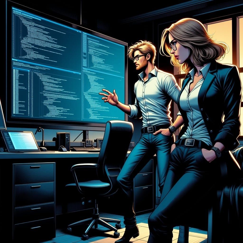 <lora:Flux Comicstyle:1.0> image of a beautiful, handsome slender male geeky IT specialist, with glasses, shaggy blond hair, short beard, ex...