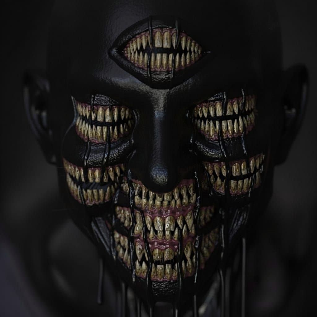 The eyeless eyed true face of pure evil completely covered in dripping oil ink while smiling a very twisted wide cruel u...