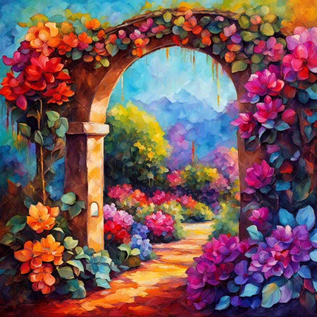 Whimsical Garden Masterpiece in Vibrant Oil Painting Style