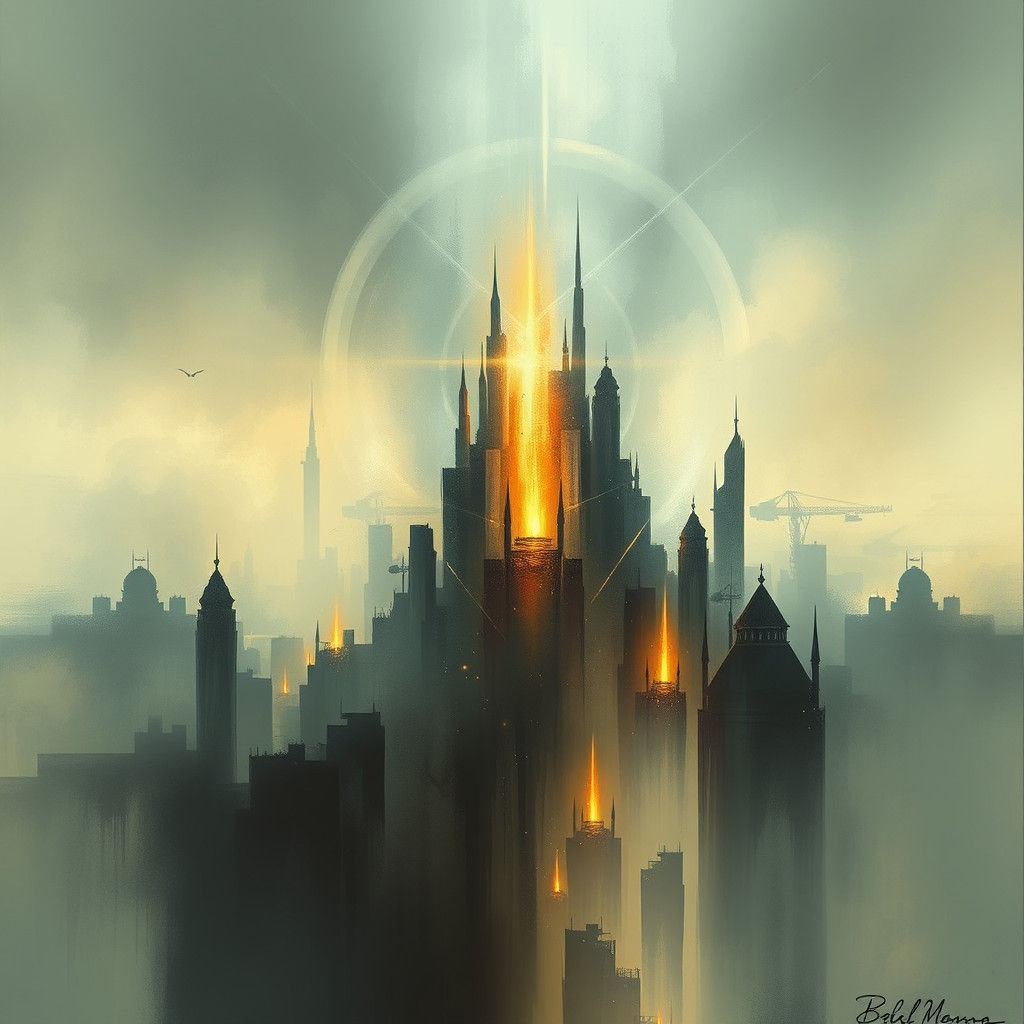 An abstract piece where light creates an otherworldly city.