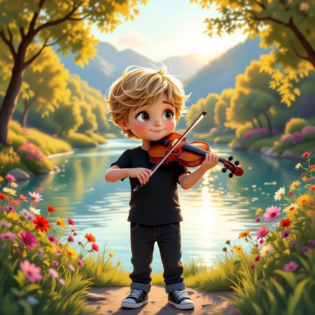 Boy Plays Violin by Scenic River at Golden Hour