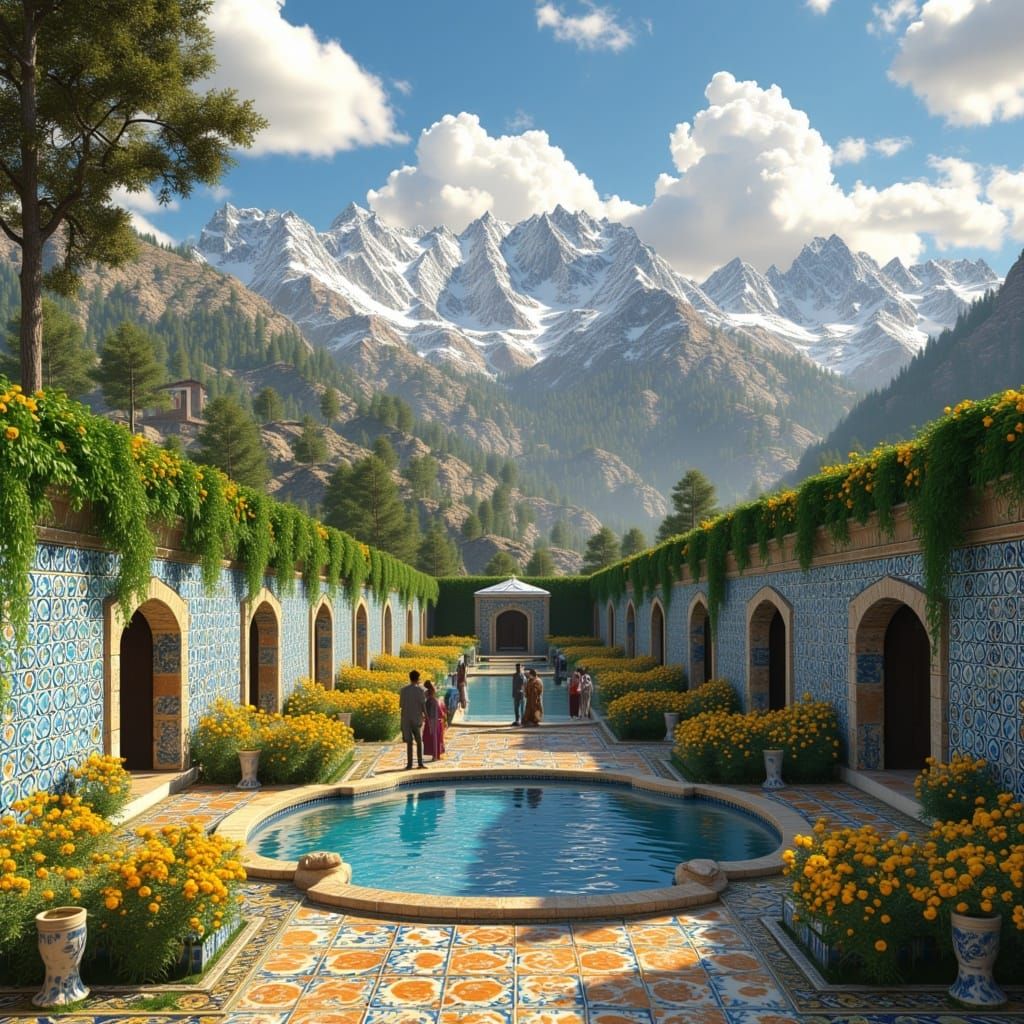 <lora:Azulejo Flux:1.0> A scene of an ancient Persian garden with people in the distance, and behind them are snow-covered mountains and a ...