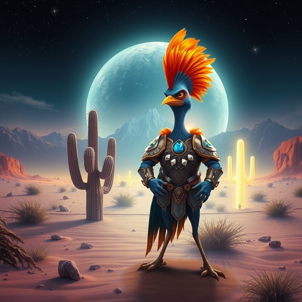 Futuristic Roadrunner Defends Desert Oasis Under Starry Skie...