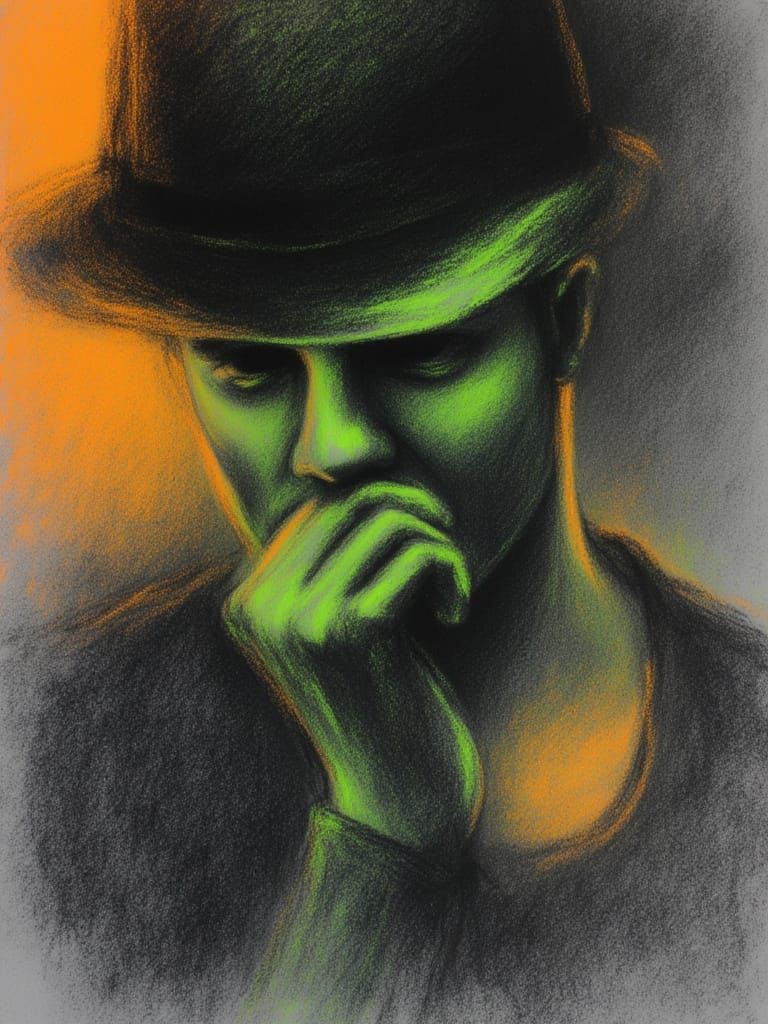 <lora:Neon Charcoal:1.0> neon charcoal, Half body length of a male with coffee created in neon charcoal, neon green and orange