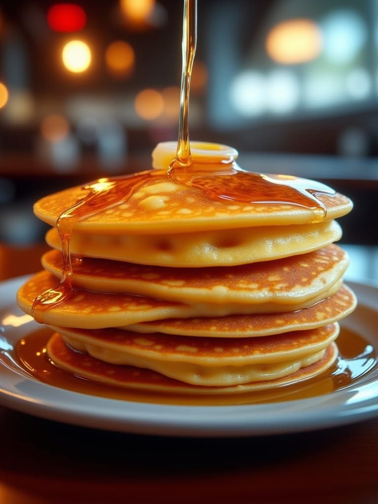 A stack of glowing pancakes with syrup cascading down the side, sits on a table in a diner. 