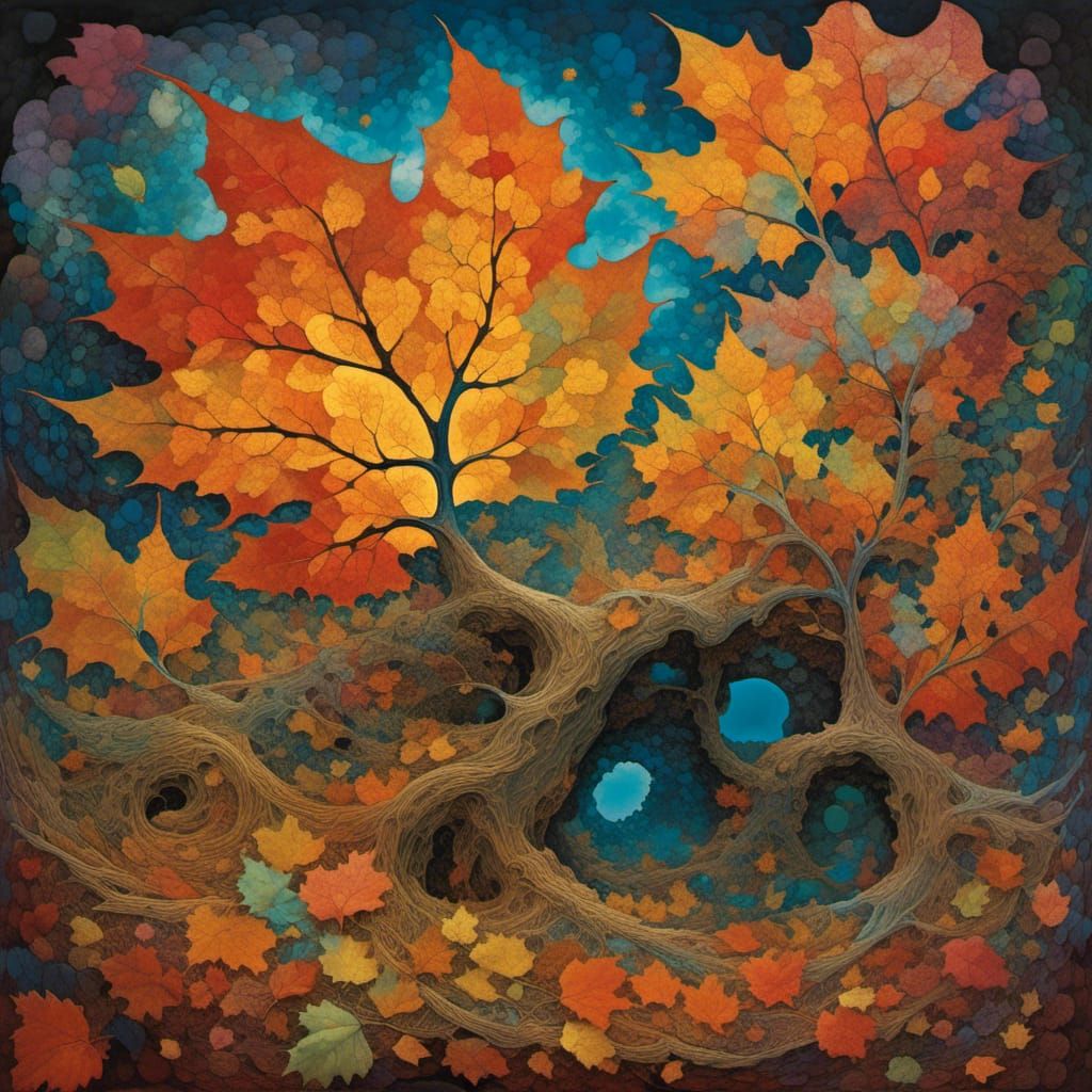 Autumn leaf in the style of Gustav Klimt, Paul Klee, and Wassily Kandinsky