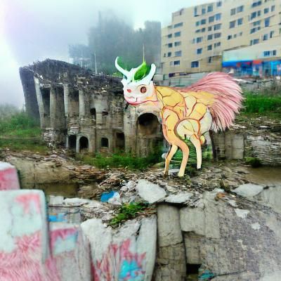 Mythical creature in a ruined city
