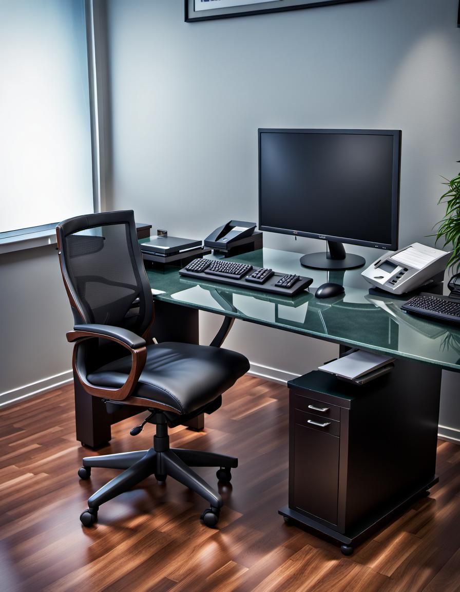 An accounting office that has a computer desk and an executive chair as well as a desktop computer a monitor screen with intricate details,...