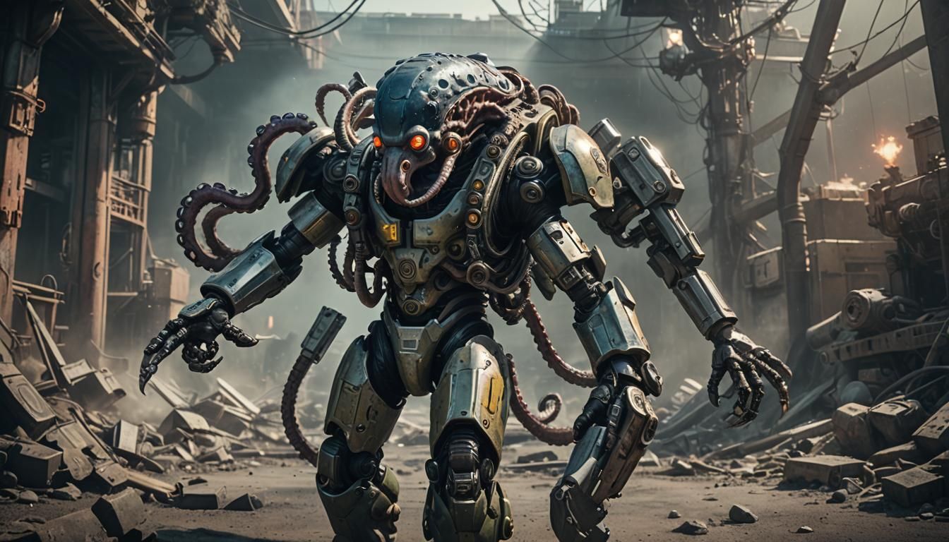octopus wearing power armor holding plasma rifles in three a...