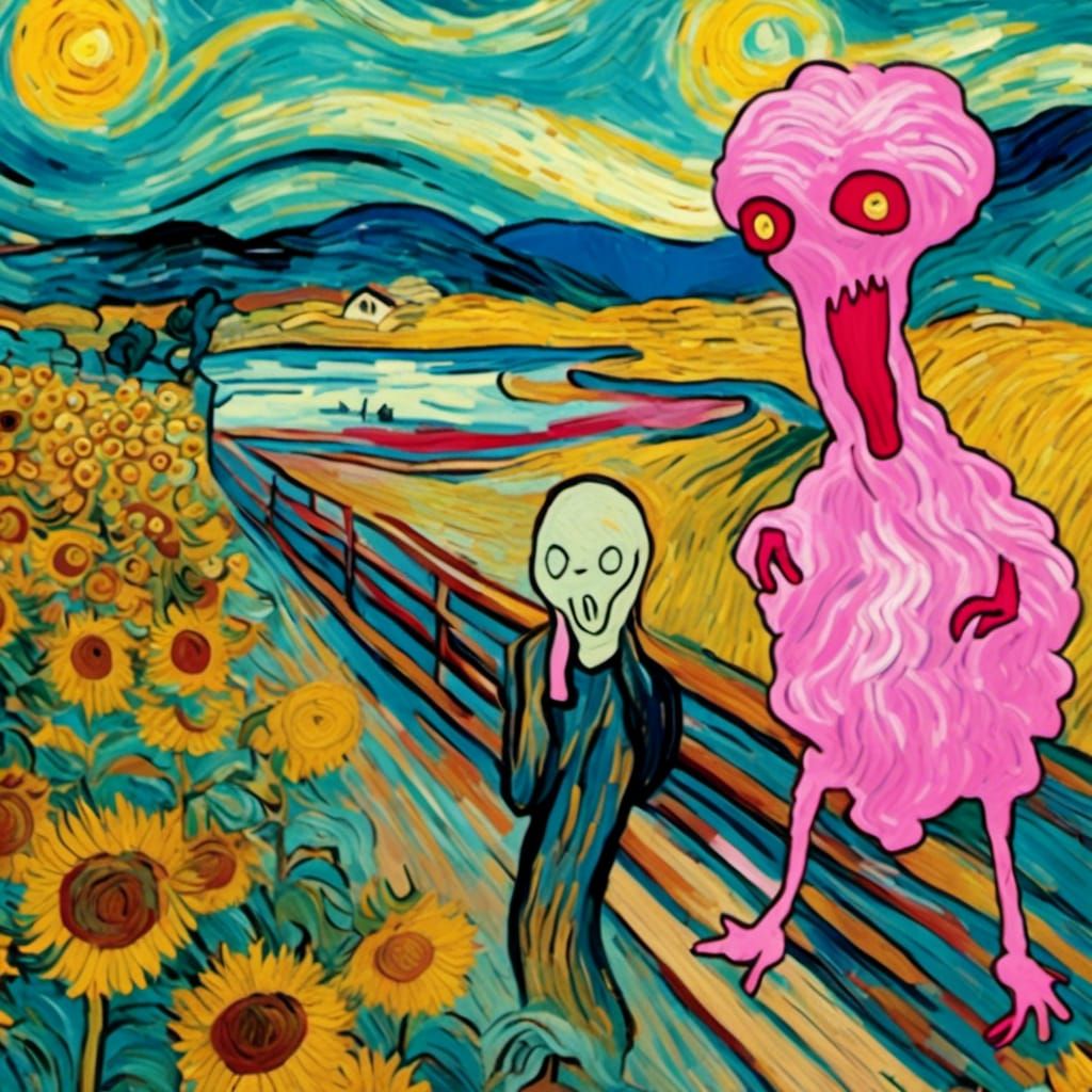 <lora:VanAnimal:1.0> a pink alien "the scream" raining cotto...