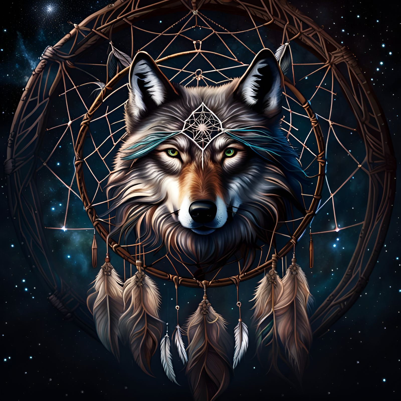 dreamcatcher in the stars with intricate web and a  wolf in the center intricate details, HDR, beautifully ...  by @Patsy 