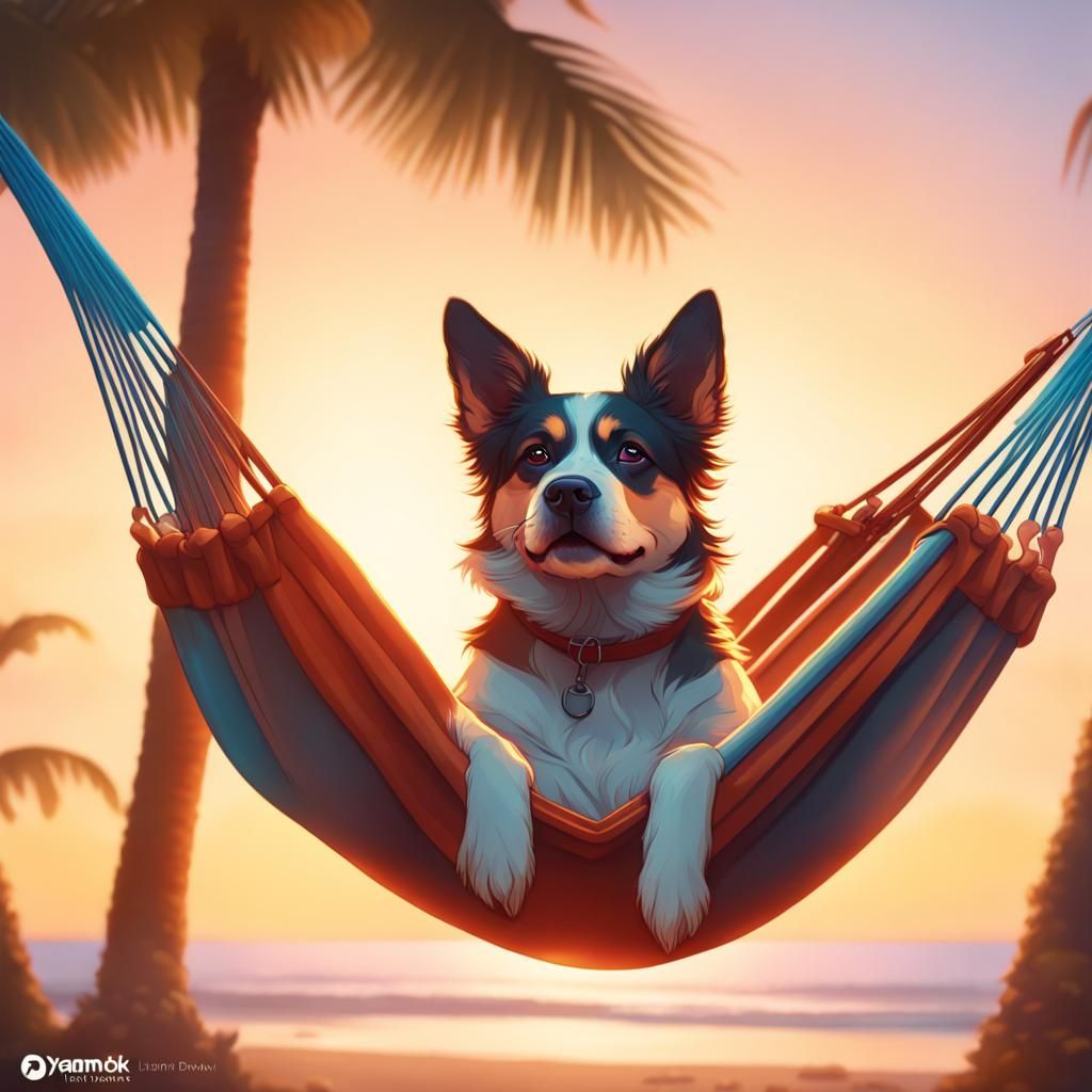 doggo chillin on a hammock at sunset