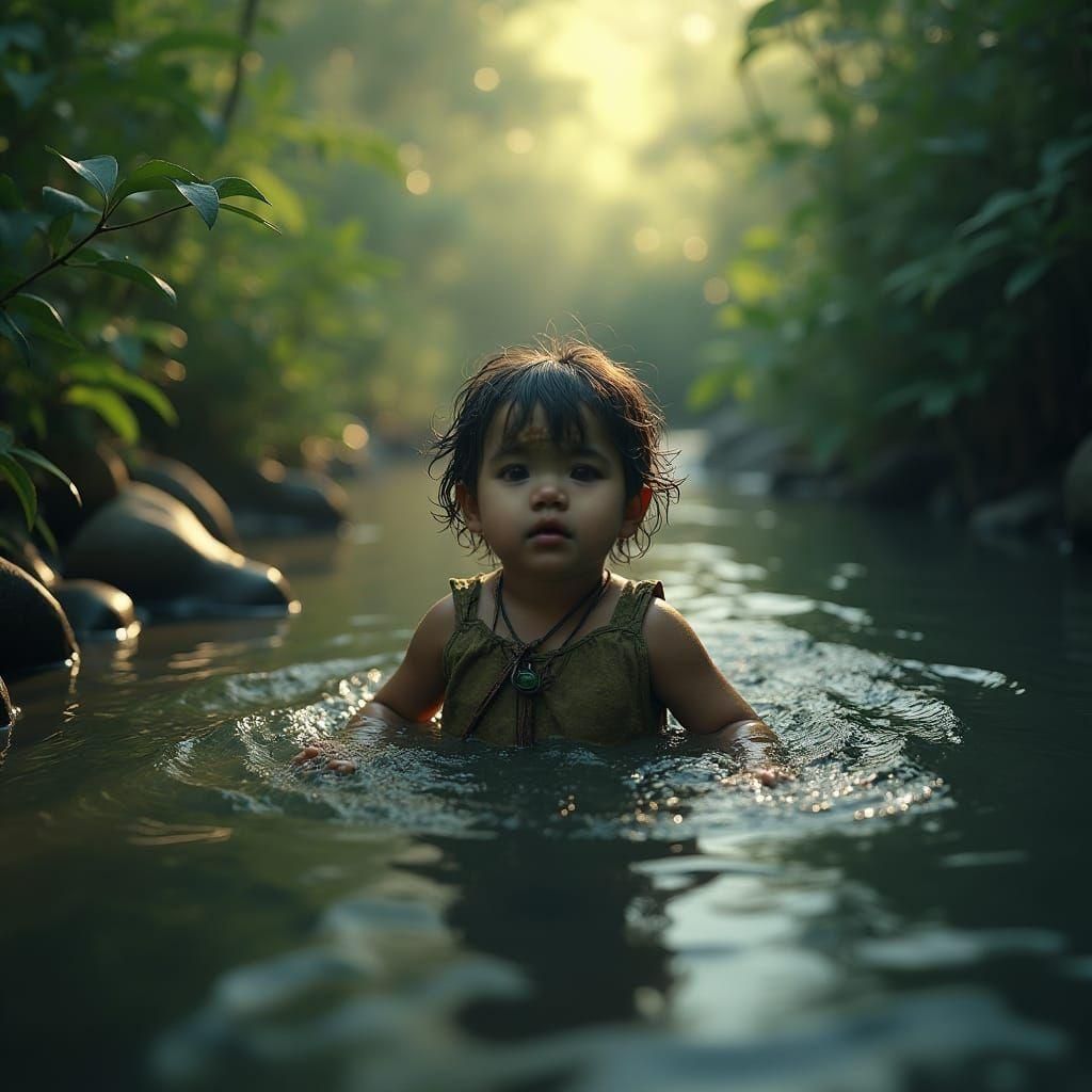 Baby Swimming in River: Detailed Matte Painting