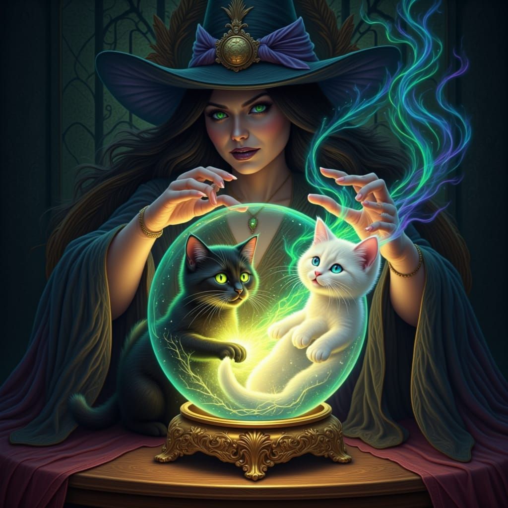 Albus the black cat with emerald green eyes, subla the white fur Kitten with golden eyes, morgana holding a crystal ball capturing Albus and...