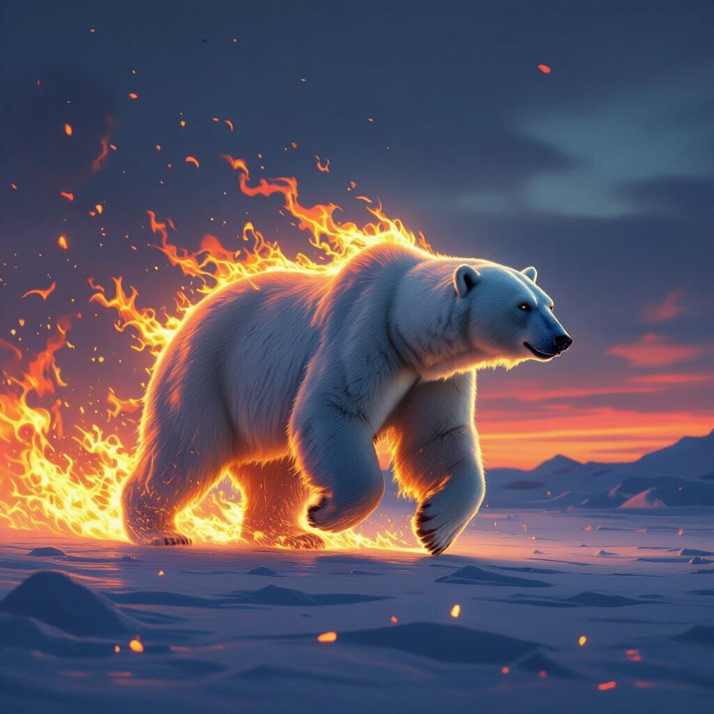 A flaming polar bear in silhouette running from right to left trailing flames
