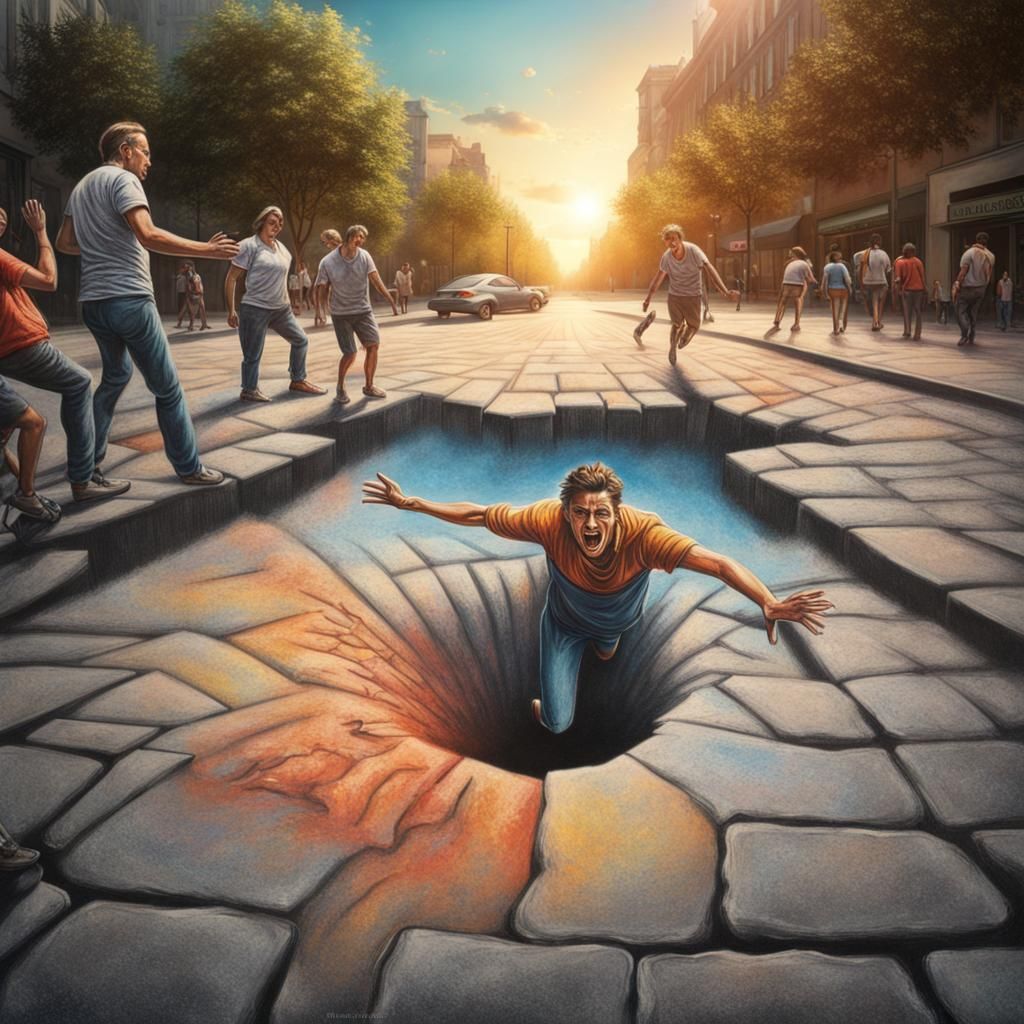 Chalk pavement art optical illusion of man falling down a hole in the pavement several people looking ...  by @Pea-nut