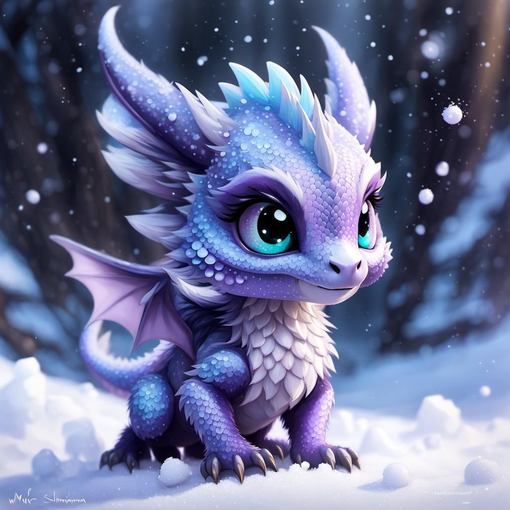 A whimsical adorable cute baby chibi fluffy dragon with pastel purple ...