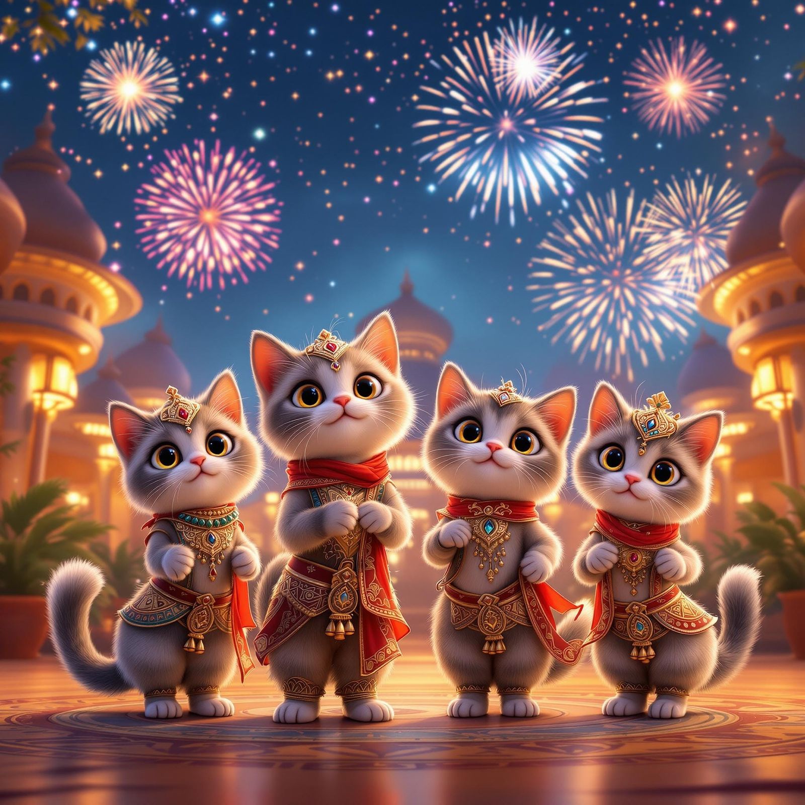 4 adorable animated cats with large eyes, dressed up wearing...
