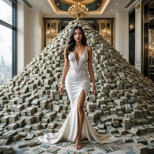 rich woman showing off her wealth. room full of money.