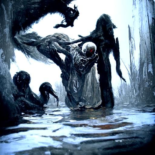 The demons dance vigorously around a pond that drips with th...