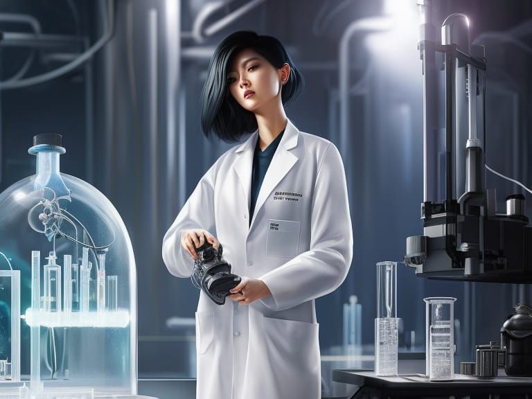Artgerm, WLOP, Greg Rutkowski; Beautiful Mad Scientist Girl in Lab Coat, make some experiment in the ... false