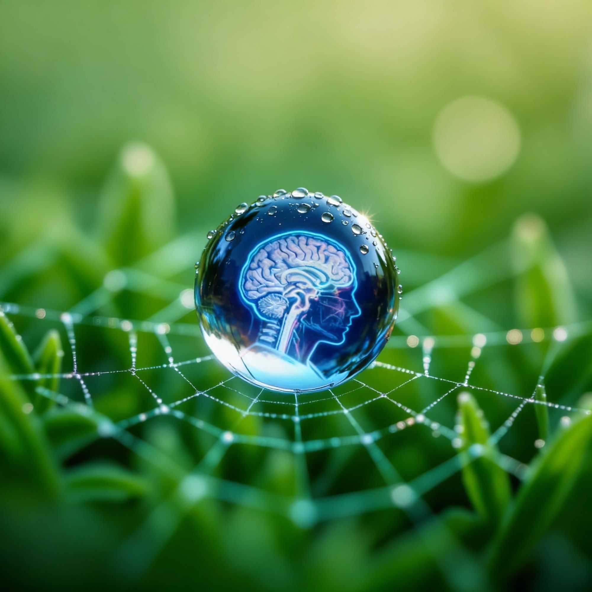 A hyper-detailed macro photograph of a dewdrop on a spiderweb, reflecting a miniature, distorted cityscape within. The background is a soft,...