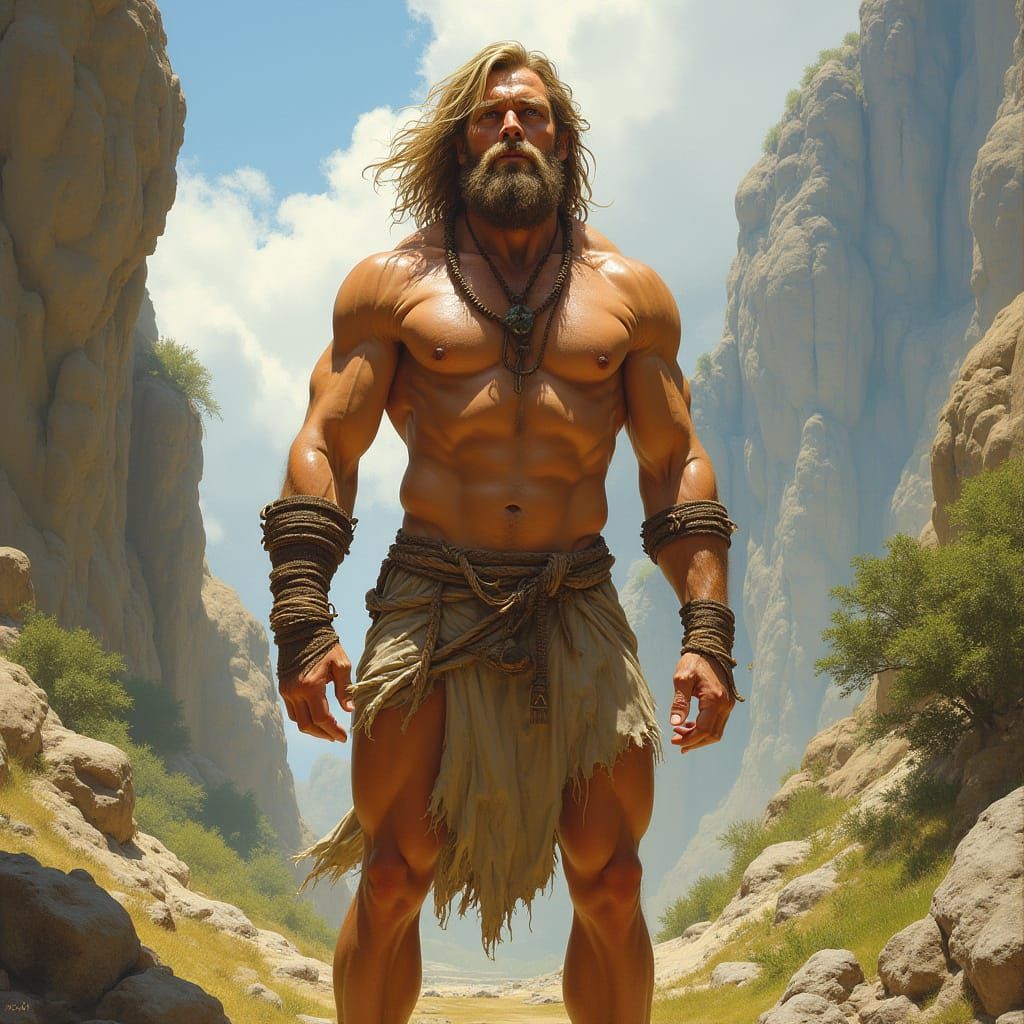 Hombre Cromañon, pelo claro, ojos marrones, cuerpo fuerte, usa un guayuco.