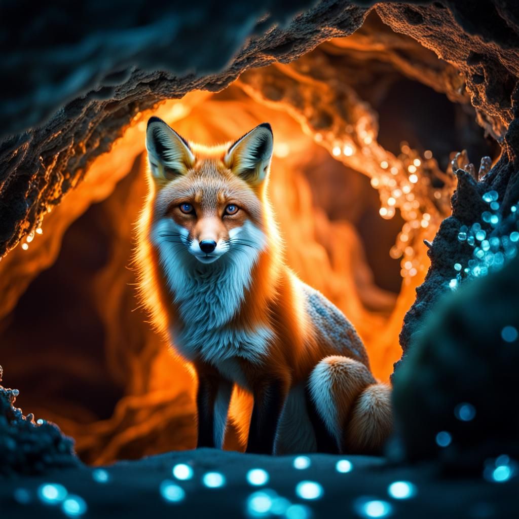 Majestic fox in bioluminescent cave with crystals  by @undefined