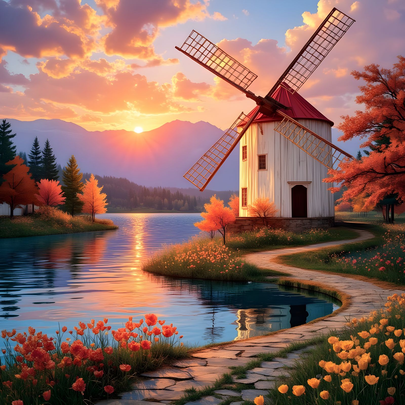 Luminous Windmill at Sunset by Lake