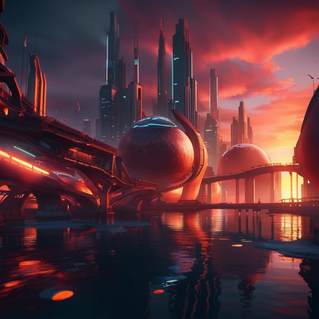 Sunset over the futuristic bay