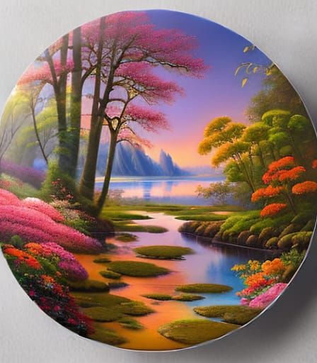 On disc plate painted a beautiful scene of a flower forest w...