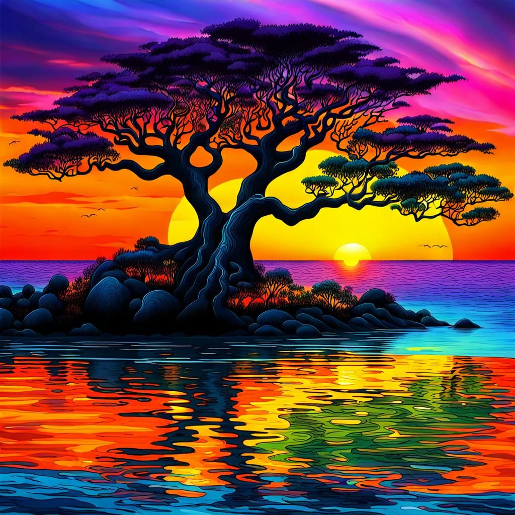 surreal colorful trees ocean sunset  by @Mark
